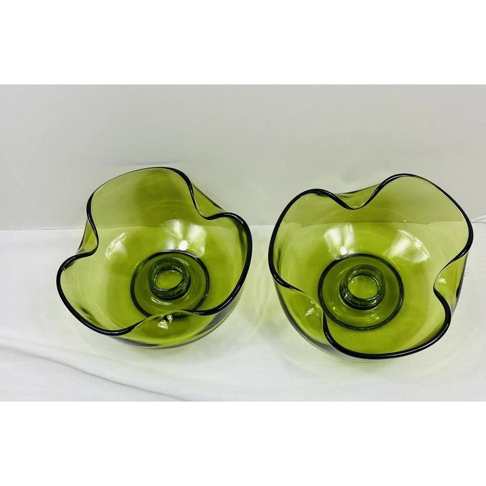 2 Vintage MCM Viking Glass Folded Candlestick Holders Green